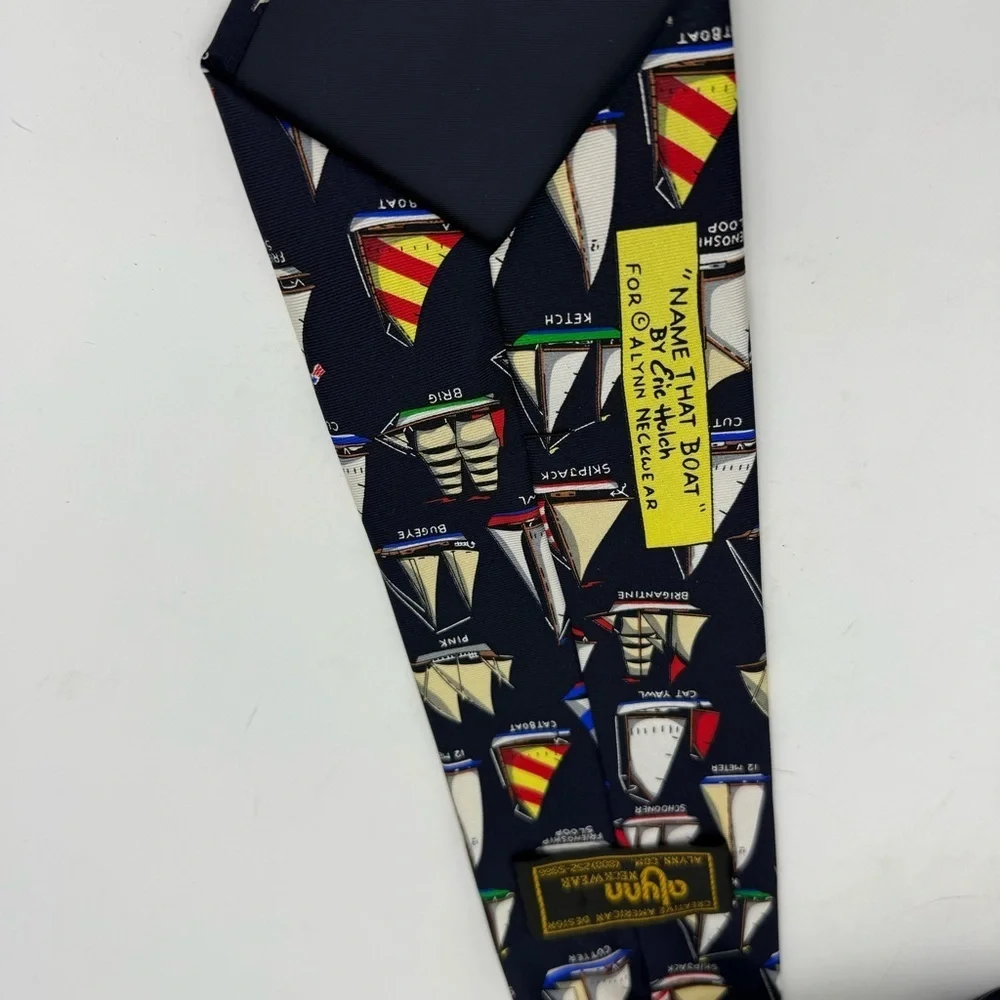 Alynn Neckwear “Name That Boat” Tie Eric Holch Silk Necktie Sailboats navy blue